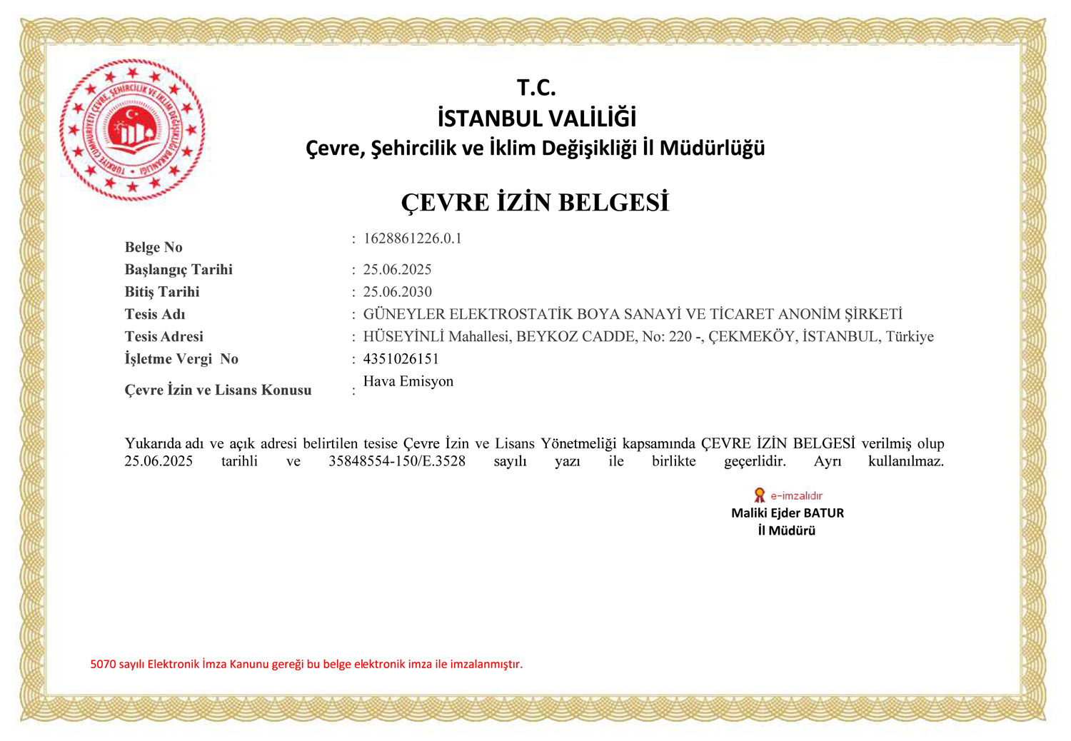 Çevre İzin Belgesi - Güneyler Elektrostatik
